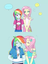 Size: 1620x2160 | Tagged: safe, artist:haibaratomoe, derpibooru import, fluttershy, rainbow dash, equestria girls, equestria girls series, age progression, bandage, bandaid, blushing, clothes, cute, cutie mark, cutie mark on clothes, dashabetes, dress, eyes closed, eyeshadow, female, flutterdash, grin, hoodie, image, lesbian, makeup, png, shipping, shirt, shy, shyabetes, size difference, skirt, smiling, suspenders, t-shirt, tanktop, younger