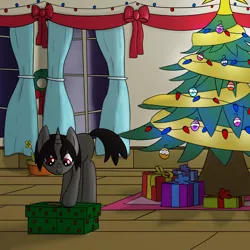 Size: 1992x1992 | Tagged: safe, artist:librarylonging, derpibooru import, part of a set, oc, oc:ada, pony, unicorn, bow, bowtie, christmas, christmas lights, christmas ornament, christmas star, christmas tree, d'lirium, decoration, holiday, image, png, present, solo, streamers, tree