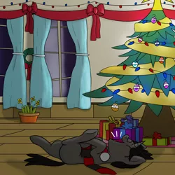 Size: 1992x1992 | Tagged: safe, artist:librarylonging, derpibooru import, part of a set, oc, oc:ada, pony, unicorn, bow, bowtie, christmas, christmas lights, christmas ornament, christmas star, christmas tree, clothes, decoration, ear warmers, excited, eyes closed, holiday, image, lying down, on back, open mouth, png, present, scarf, solo, streamers, tree, yelling