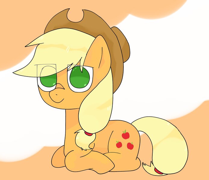 Size: 2048x1771 | Tagged: safe, artist:omelettepony, derpibooru import, applejack, earth pony, pony, female, hat, image, jpeg, looking at you, lying down, mare, ponyloaf, simple background, smiling, smiling at you, solo