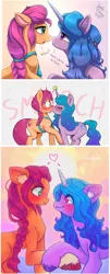 Size: 2528x6232 | Tagged: safe, artist:another_pony, artist:joakaha, artist:p0nyplanet, derpibooru import, edit, editor:secretbronyx, izzy moonbow, sunny starscout, earth pony, pony, unicorn, my little pony: a new generation, bag, ball, blushing, composite, dialogue, duo, eye contact, eyes closed, falling in love, female, g5, gray background, heart, holding hooves, horn, horn impalement, hornball, image, izzy's tennis ball, izzyscout, jpeg, kissing, lesbian, looking at each other, mare, open mouth, satchel, shipping, simple background, smiling, smooching, sun, tennis ball, text