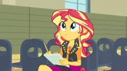 Size: 3410x1920 | Tagged: safe, derpibooru import, screencap, sunset shimmer, equestria girls, equestria girls series, rarity investigates: the case of the bedazzled boot, clothes, cute, cutie mark, cutie mark on clothes, female, geode of empathy, image, jacket, jewelry, jpeg, leather, leather jacket, magical geodes, necklace, pencil, shimmerbetes, smiling, solo