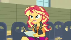 Size: 3410x1920 | Tagged: safe, derpibooru import, screencap, sunset shimmer, equestria girls, equestria girls series, rarity investigates: the case of the bedazzled boot, clothes, cutie mark, cutie mark on clothes, female, geode of empathy, image, jacket, jewelry, jpeg, leather, leather jacket, magical geodes, necklace, open mouth, pencil, solo
