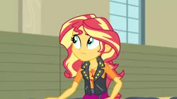 Size: 3410x1920 | Tagged: safe, derpibooru import, screencap, sunset shimmer, equestria girls, equestria girls series, rarity investigates: the case of the bedazzled boot, clothes, cutie mark, cutie mark on clothes, female, geode of empathy, image, jacket, jewelry, jpeg, leather, leather jacket, magical geodes, necklace, solo