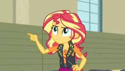 Size: 3410x1920 | Tagged: safe, derpibooru import, screencap, sunset shimmer, equestria girls, equestria girls series, rarity investigates: the case of the bedazzled boot, clothes, cutie mark, cutie mark on clothes, female, geode of empathy, hand on hip, image, jacket, jewelry, jpeg, leather, leather jacket, magical geodes, necklace, pointing, solo