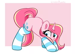 Size: 5552x4012 | Tagged: safe, artist:kittyrosie, derpibooru import, oc, oc:rosa flame, pony, unicorn, blushing, clothes, face down ass up, horn, image, jacko challenge, meme, png, socks, striped socks, unicorn oc