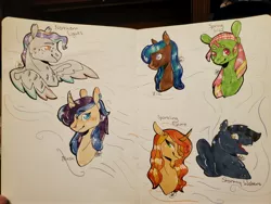 Size: 4032x3024 | Tagged: safe, artist:bestbithe15th, derpibooru import, oc, oc:blush, oc:northern lights, oc:sparkling flame, oc:spring lily, oc:stormy waters, oc:zia, unofficial characters only, earth pony, pegasus, pony, unicorn, bust, horn, image, jpeg, pegasus oc, traditional art, unicorn oc, wings