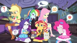 Size: 3410x1920 | Tagged: safe, derpibooru import, screencap, applejack, fluttershy, pinkie pie, rainbow dash, rarity, sunset shimmer, equestria girls, equestria girls series, the finals countdown, applejack's hat, belt, boots, bracelet, clothes, cowboy boots, cowboy hat, cute, cutie mark, cutie mark on clothes, denim skirt, eyes closed, female, geode of empathy, geode of fauna, geode of shielding, geode of super speed, geode of super strength, hat, high heels, high res, hoodie, image, jacket, jewelry, jpeg, leather, leather jacket, magical geodes, necklace, pencil, rarity peplum dress, sandals, shimmerbetes, shoes, skirt, smiling, tanktop