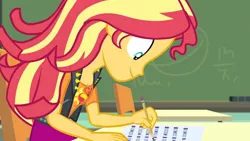Size: 3410x1920 | Tagged: safe, derpibooru import, screencap, sunset shimmer, equestria girls, equestria girls series, the finals countdown, chalkboard, clothes, cutie mark, cutie mark on clothes, female, geode of empathy, high res, image, jacket, jewelry, jpeg, leather, leather jacket, magical geodes, necklace, pencil, smiling, solo