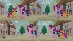 Size: 1280x720 | Tagged: safe, derpibooru import, edit, edited screencap, editor:quoterific, screencap, scootaloo, sugar belle, pegasus, pony, unicorn, hard to say anything, season 7, bag, eyes closed, facial hair, female, filly, glasses, image, male, mare, moustache, open mouth, png, saddle bag, spread wings, stallion, wings