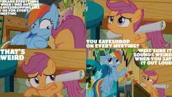 Size: 1280x720 | Tagged: safe, derpibooru import, edit, edited screencap, editor:quoterific, screencap, rainbow dash, scootaloo, pegasus, pony, season 8, the washouts (episode), spoiler:s08, clubhouse, crusaders clubhouse, female, filly, flying, image, jpeg, mare, open mouth, pointing, poster, the washouts