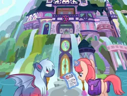 Size: 1280x969 | Tagged: safe, artist:computerstickman, derpibooru import, oc, oc:snowcatcher, oc:sweetlove, unofficial characters only, bat pony, pony, unicorn, bag, female, image, magic, mare, paper, png, saddle bag, school of friendship