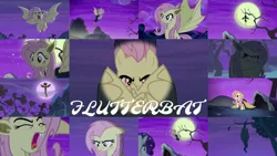 Size: 1280x721 | Tagged: safe, derpibooru import, edit, edited screencap, editor:quoterific, screencap, fluttershy, rarity, bat pony, pegasus, pony, unicorn, bats!, do princesses dream of magic sheep, scare master, season 4, season 5, bat ponified, clothes, costume, eyes closed, female, flutterbat, flutterbat costume, full moon, image, mare, moon, night, open mouth, png, prehensile tail, race swap, solo focus, spread wings, upside down, wings