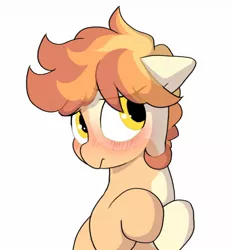 Size: 1058x1140 | Tagged: safe, artist:mochi_nation, derpibooru import, oc, oc:flame egg, unofficial characters only, earth pony, pony, blushing, coat markings, cute, female, floppy ears, image, jpeg, mare, ocbetes, simple background, solo, white background