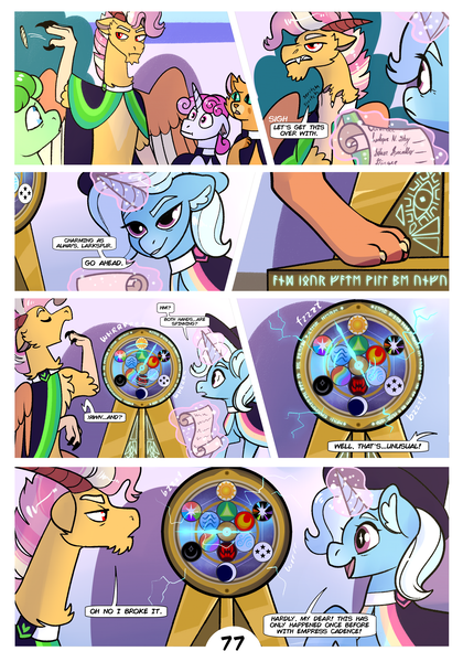 Size: 2100x3000 | Tagged: safe, artist:loryska, derpibooru import, trixie, oc, oc:larkspur, draconequus, hybrid, pony, comic:friendship grows, image, interspecies offspring, offspring, parent:discord, parent:fluttershy, parents:discoshy, png, roulette