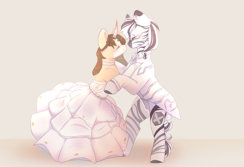 Size: 1600x1100 | Tagged: safe, artist:babiiclouds, derpibooru import, kirin oc, oc, oc:auora, oc:palatinatus clypeus, kirin, zebra, dancing, female, image, kirin hybrid, love, male, marriage, palora, png, romance, romantic, shipping, zebra oc