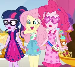 Size: 682x613 | Tagged: safe, derpibooru import, screencap, fluttershy, pinkie pie, sci-twi, twilight sparkle, equestria girls, equestria girls series, i'm on a yacht, spoiler:eqg series (season 2), cropped, image, png, varying degrees of want