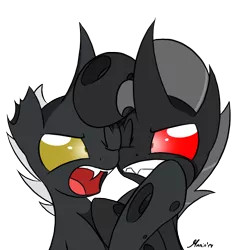 Size: 1000x1000 | Tagged: safe, artist:srmario, derpibooru import, oc, oc:reinflak, unofficial characters only, changeling, bust, changeling oc, duo, fangs, image, male, open mouth, png, red eyes, signature, simple background, transparent background