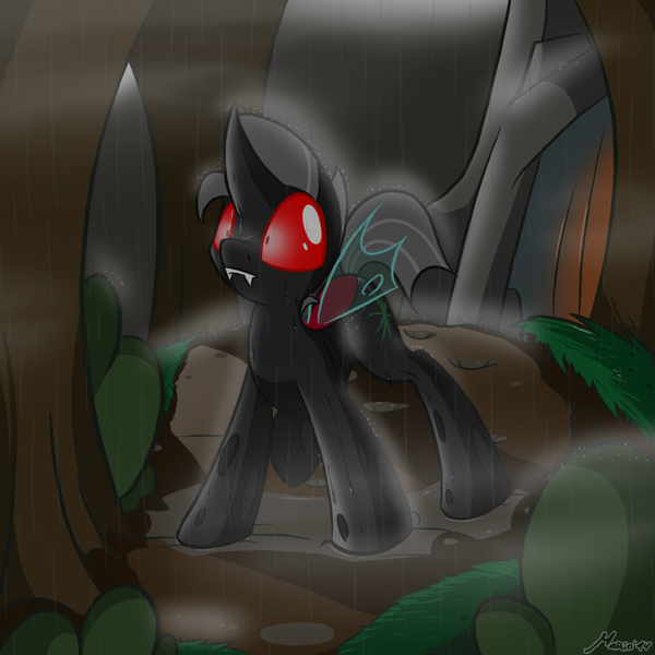 Size: 1174x1174 | Tagged: safe, artist:srmario, derpibooru import, oc, oc:reinflak, unofficial characters only, changeling, changeling oc, cute, forest, image, outdoors, png, rain, red changeling, red eyes, signature, solo, tree, wide eyes