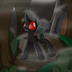 Size: 1174x1174 | Tagged: safe, artist:srmario, derpibooru import, oc, oc:reinflak, unofficial characters only, changeling, changeling oc, cute, forest, image, outdoors, png, rain, red changeling, red eyes, signature, solo, tree, wide eyes