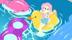 Size: 1920x1073 | Tagged: safe, derpibooru import, screencap, fluttershy, equestria girls, equestria girls series, i'm on a yacht, spoiler:eqg series (season 2), floaty, image, png, solo, swimming pool