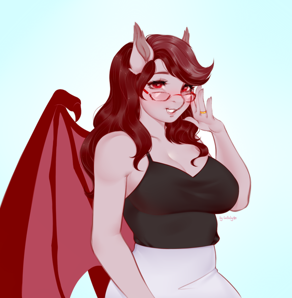 Size: 1366x1394 | Tagged: safe, artist:bylullabysoft, derpibooru import, oc, oc:scarlet quill, unofficial characters only, anthro, bat pony, anthro oc, bat pony oc, bat wings, breasts, cleavage, clothes, digital art, fangs, female, glasses, gradient background, image, jewelry, mother, png, ring, signature, slit eyes, smiling, solo, wedding ring, wings