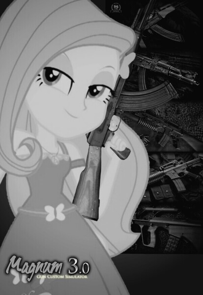 Size: 600x872 | Tagged: safe, artist:edy_january, derpibooru import, screencap, fluttershy, equestria girls, ak-47, akm, assault rifle, aug a1, black background, geode of fauna, gun, image, jpeg, m16, m16a2, m4, m4a1, magical geodes, magnum 3.0, magnum 3.0 guns costume simolator, monochrome, poster, rifle, simple background, solo, steyr aug, weapon