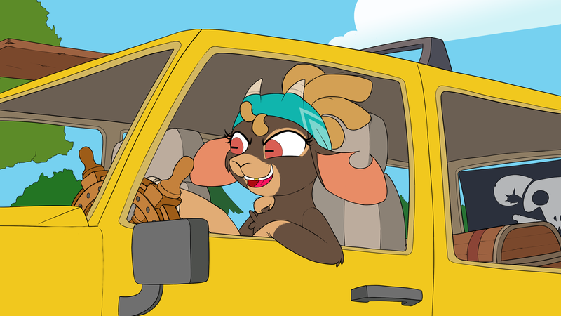 Size: 3840x2160 | Tagged: safe, artist:ljdamz1119, derpibooru import, goat, them's fightin' herds, chest, community related, driving, family guy, flag, gold tooth, hummer, image, meme, pirate, png, shanty (tfh), ship wheel, solo, vehicle