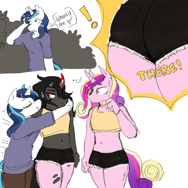Size: 2500x2500 | Tagged: safe, artist:currentlytr_ash, derpibooru import, king sombra, princess cadance, shining armor, anthro, booty shorts, clothes, curved horn, horn, image, mistaken identity, png, shining armor is a goddamn moron, short shirt, torn clothes