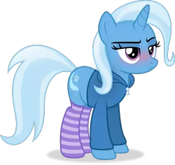 Size: 4529x4282 | Tagged: safe, artist:anime-equestria, derpibooru import, trixie, pony, unicorn, absurd resolution, annoyed, blushing, clothes, female, hoodie, horn, image, lidded eyes, mare, png, simple background, socks, solo, standing, striped socks, transparent background, vector