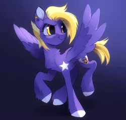 Size: 1425x1362 | Tagged: safe, artist:draw3, derpibooru import, oc, oc:lila lilark, pegasus, pony, birthmark, blonde mane, cutie mark, image, looking sideways, png, purple coat, solo, star birthmark