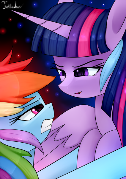 Size: 2480x3507 | Tagged: safe, artist:twidasher, derpibooru import, rainbow dash, twilight sparkle, twilight sparkle (alicorn), alicorn, pegasus, pony, duo, feather, female, image, lesbian, looking at each other, png, shipping, signature, twidash