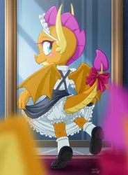 Size: 884x1200 | Tagged: safe, artist:uotapo, derpibooru import, smolder, dragon, bloomers, bow, clothes, dress, image, jpeg, looking at you, looking back, looking back at you, maid, maid headdress, mirror, reflection, shoes, smiling, smolder also dresses in style, solo, tail bow