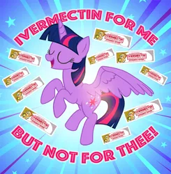 Size: 1100x1122 | Tagged: safe, artist:pixelkitties, derpibooru import, applejack, twilight sparkle, twilight sparkle (alicorn), alicorn, earth pony, pony, abstract background, cider, conspiracy theory, coronavirus, covid-19, covidiots, female, horses doing horse things, image, ivermectin, jpeg, label, mare, medicine, public service announcement, solo, stars, stein, text