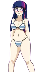 Size: 975x1818 | Tagged: suggestive, artist:_mssj9, derpibooru import, twilight sparkle, human, bikini, blushing, breasts, busty twilight sparkle, clothes, derpibooru exclusive, humanized, image, looking away, pattern, png, simple background, solo, striped swimsuit, swimsuit, transparent background