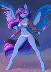 Size: 2118x3003 | Tagged: suggestive, artist:fensu-san, derpibooru import, oc, unofficial characters only, alicorn, anthro, unguligrade anthro, alicorn oc, belly button, bra, breasts, cleavage, clothes, female, glare, horn, image, looking at you, panties, png, solo, solo female, underwear, wings