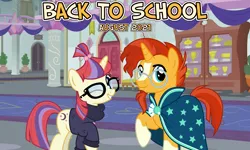 Size: 2064x1242 | Tagged: safe, anonymous artist, derpibooru import, moondancer, sunburst, pony, unicorn, 2021, back to school, duo, female, friendship, glasses, greeting, image, librarian, looking at you, male, mare, one eye closed, png, school of friendship, shipping, smiling, stallion, straight, sundancer, vice principal sunburst, welcome, wink, winking at you
