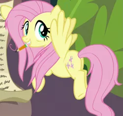 Size: 1007x947 | Tagged: safe, derpibooru import, screencap, fluttershy, pegasus, pony, season 9, she talks to angel, spoiler:s09, butt, cropped, female, flutterbutt, flying, image, mare, messy mane, mouth hold, pencil, plot, png, solo