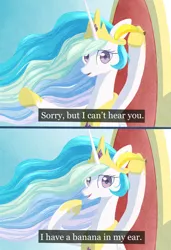 Size: 1668x2444 | Tagged: safe, artist:pitybug, derpibooru import, princess celestia, alicorn, pony, 2 panel comic, banana, bananalestia, bust, comic, dexterous hooves, dialogue, female, food, high res, hoof hold, image, jewelry, looking at you, mare, png, pointing, regalia, solo, subtitles, three quarter view, throne, trollestia