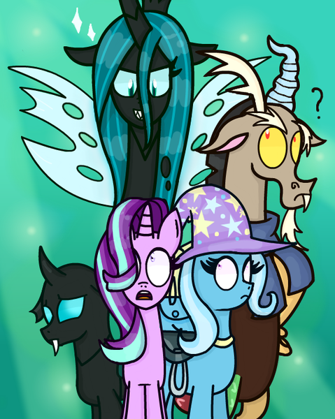 Size: 571x715 | Tagged: safe, artist:763lilypadpandaowl, derpibooru import, discord, queen chrysalis, starlight glimmer, thorax, trixie, changedling, changeling, changeling queen, draconequus, pony, to where and back again, bag, clothes, female, green background, hat, image, male, png, question mark, reformed four, scared, shirt, shocked, simple background, sparkles, trixie's hat