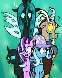Size: 571x715 | Tagged: safe, artist:763lilypadpandaowl, derpibooru import, discord, queen chrysalis, starlight glimmer, thorax, trixie, changedling, changeling, changeling queen, draconequus, pony, to where and back again, bag, clothes, female, green background, hat, image, male, png, question mark, reformed four, scared, shirt, shocked, simple background, sparkles, trixie's hat