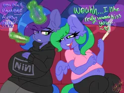 Size: 1600x1200 | Tagged: suggestive, artist:ladylullabystar, derpibooru import, oc, oc:blue monday, oc:felicity stars, unofficial characters only, anthro, pegasus, unicorn, belly, belly button, big belly, big breasts, breasts, chubby, clothes, dialogue, drugs, duo, female, high, hoodie, huge breasts, image, magic, marijuana, nine inch nails, outie belly button, pants, png, tanktop, wings, yoga pants