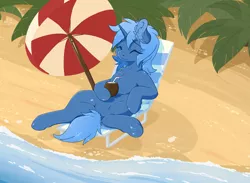 Size: 4791x3508 | Tagged: safe, artist:wbp, derpibooru import, oc, oc:double colon, unofficial characters only, pony, unicorn, beach, beach chair, beach umbrella, coconut, drink, eyes closed, female, food, frog (hoof), image, leaves, png, sand, solo, solo female, spread legs, spreading, straw, sunbathing, umbrella, underhoof, water