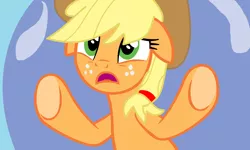 Size: 1148x689 | Tagged: safe, artist:jadethepegasus, derpibooru import, applejack, earth pony, pony, applejack's hat, bubble, cowboy hat, floppy ears, freckles, green eyes, hat, image, png, scared, solo, trapped