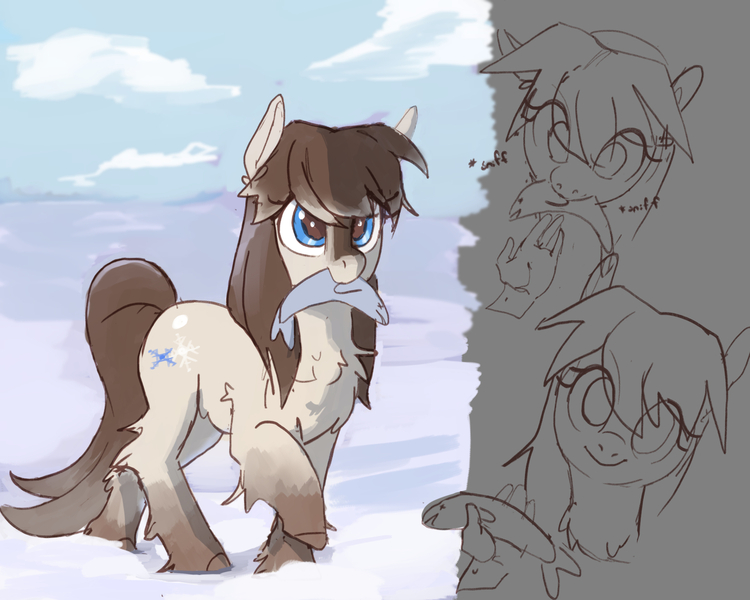 Size: 1440x1152 | Tagged: safe, artist:rirurirue, derpibooru import, oc, oc:frosty flakes, unofficial characters only, fish, pony, taiga pony, /mlp/, cute, disembodied hand, drawthread, female, fluffy, hand, image, jpeg, looking at you, mare, requested art, smiling, sniffing, snow, solo focus