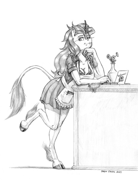 Size: 1000x1304 | Tagged: safe, artist:baron engel, derpibooru import, autumn blaze, anthro, kirin, unguligrade anthro, breasts, busty autumn blaze, cafe, female, grayscale, image, jpeg, monochrome, pencil drawing, solo, traditional art, waitress