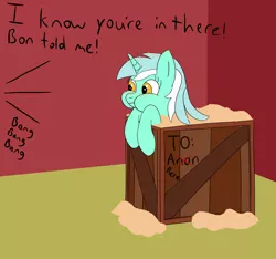Size: 3198x2993 | Tagged: safe, artist:librarylonging, derpibooru import, lyra heartstrings, pony, unicorn, crate, eating, food, image, implied anon, l.u.l.s., oats, png, puffy cheeks, solo, text