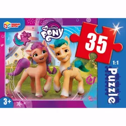 Size: 600x600 | Tagged: safe, derpibooru import, official, hitch trailblazer, sunny starscout, earth pony, pony, box, duo, female, g5, image, irl, jpeg, male, mare, maretime bay, merchandise, my little pony logo, photo, puzzle, puzzle box, simple background, stallion, white background