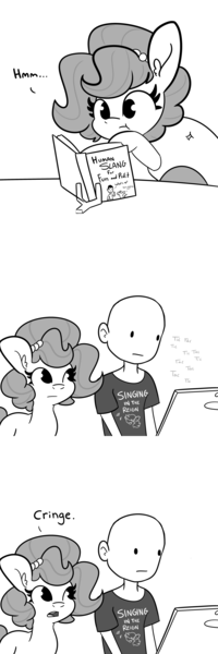 Size: 3000x9000 | Tagged: safe, artist:tjpones, derpibooru import, oc, oc:brownie bun, oc:richard, unofficial characters only, earth pony, human, pony, horse wife, black and white, book, comic, computer, female, grayscale, high res, image, laptop computer, male, mare, monochrome, png, simple background, white background