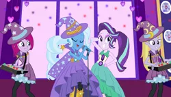 Size: 4500x2550 | Tagged: safe, artist:bigpurplemuppet99, derpibooru import, fuchsia blush, lavender lace, starlight glimmer, trixie, human, equestria girls, rainbow rocks, cape, clothes, dress, eyelashes, hat, image, jpeg, singing, trixie and the illusions, trixie's cape, trixie's hat